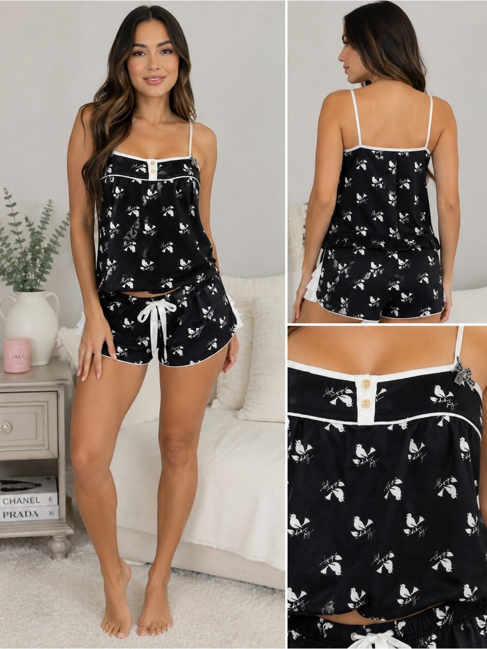 Juicy Couture Bird Print Satin Pajama Set | Cami & Shorts | Size S - Picture 3 of 15